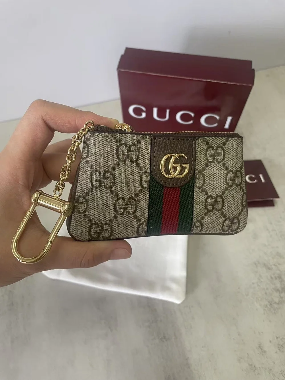 Gucci Brown Beige GG Supreme Web Key & Card Holder with Gold Hardware